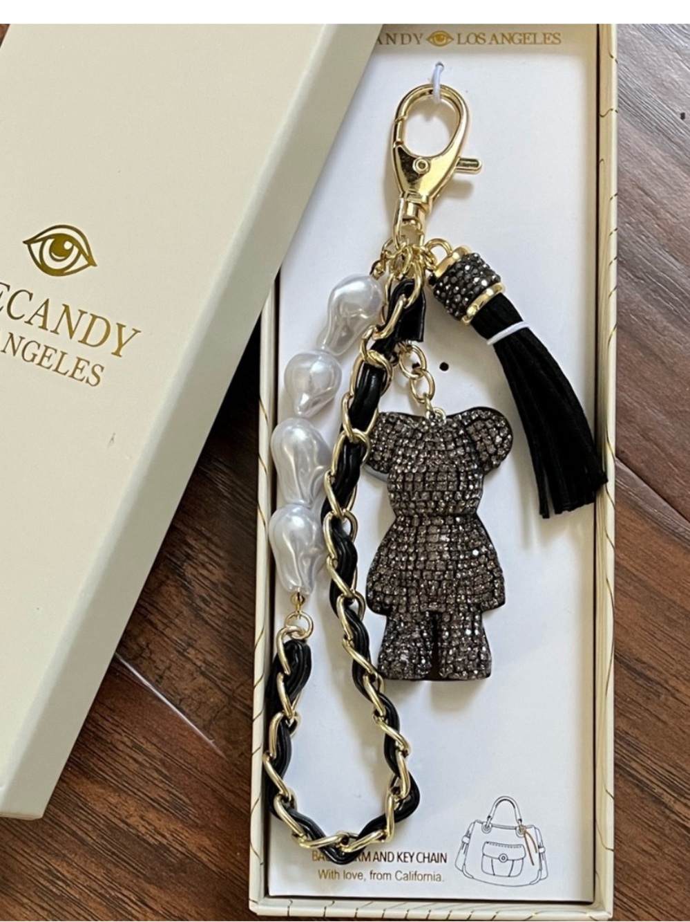 Eye Candy Black rhinestone bag charm key chain with faux pearls and gold chain